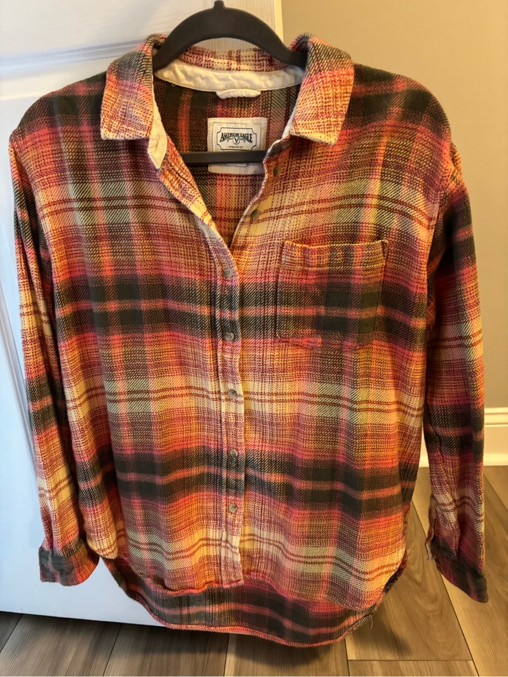 American Eagle Outfitters Plaid Button-Down Shirt - Orange, Pink, Green